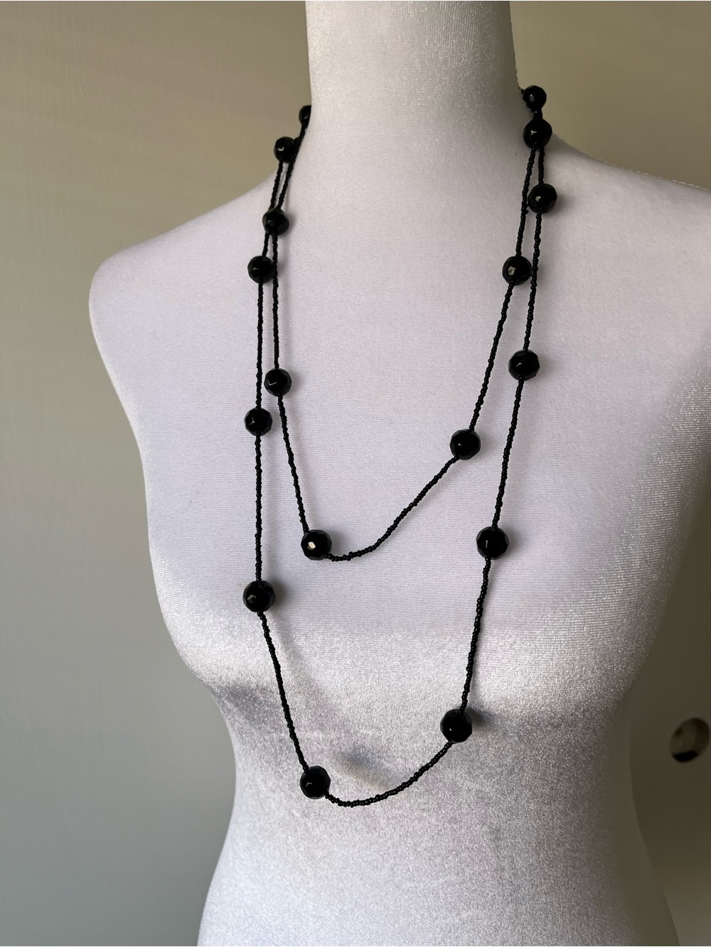 Vintage Single Strand Seed Bead Necklace Long, Black Glass Station Beads  56”